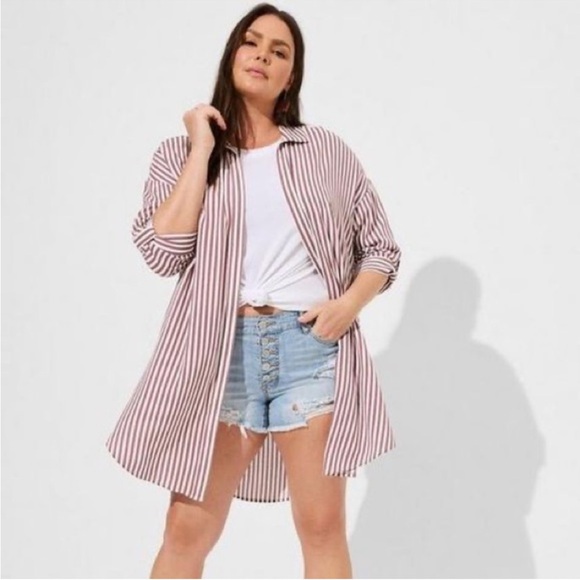 Torrid Gauze Striped Open Front Shirt Tunic Kimono Burgundy - Picture 1 of 9